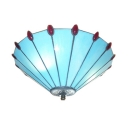 Simple 3-Light Tiffany Blue Stained Glass Flush Mount Ceiling Light with Conical Shade, Up Lighting