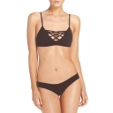 Women's Style Plain Spaghetti Straps Lace-up Detail Chic Summer Bikini Swimwear