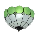 Simple Up Lighting Tiffany Flushmount Light with Stained Glass Lotus Shade in Green/Blue
