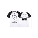 Color Block Raglan Short Sleeve Round Neck Cat Fish Bone Letter Printed Tee for Couple