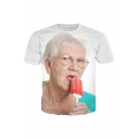 Funny Granny Popsicle Character Print Round Neck Short Sleeves Summer Tee