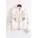 Floral Embroidered Stand Up Collar Long Sleeve Zip Up Baseball Jacket