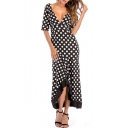 Elegant Polka Dot Printed V Neck Half Sleeve Maxi Asymmetric Hem Dress