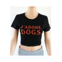 DOGS Letter Printed Round Neck Short Sleeve Crop Tee
