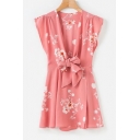 Hot Trendy Floral Print Plunge Neck Bow Detail Mini A-line Dress