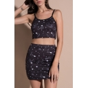 Adorable Star Cat Print Cropped Cami with High Waist Slim Fit Skirt
