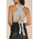 Sexy Striped Printed Hollow Out Tied Back Sleeveless Crop Tank