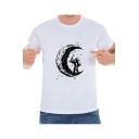Stylish Moon Cartoon Print Round Neck Short Sleeves Monochrome T-shirt