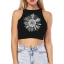 Popular Floral Pattern Monochrome Sleeveless Slim Fit Cropped Summer Tank Top