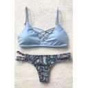 Fashionable Lace-up Detail Snake Print Hollow Out Summer Slim Bikini Swimwear