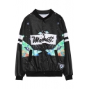 Cartoon Galaxy Letter Printed Stand Up Collar Single Breasted Long Sleeve Jacket