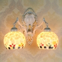 Two Light Globe Wall Sconce with Stone Pattern Shade in White, Tiffany Style, 8