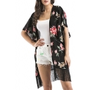 Floral Printed Collarless Short Sleeve Kimono Blouse with Tassel