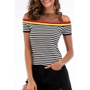 Sheer Mesh Insert Round Neck Cold Shoulder Striped Printed Short Sleeve Knit Tee
