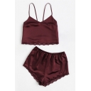 Simple Fashion Lace Panel Spaghetti Straps Cropped Cami with Plain Shorts