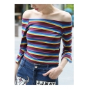 Chic 3/4 Length Sleeve Striped Printed Off The Shoulder Cropped Tee