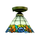Conical Shade with Floral Theme Flush Mount Ceiling Light in Tiffany Style, 8-Inch Wide