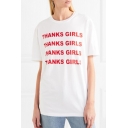 Chic THANKS GIRLS Letter Printed Round Neck Loose Short Sleeve Tee