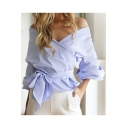 Striped Pattern Off the Shoulder Half Sleeve Bow Tie Waist Belted Women's Blouse