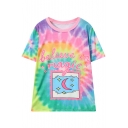 Digital Colorful Letter Moon Printed Round Neck Short Sleeve Loose Tee