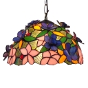 Spring Garden Tiffany-Style Ceiling Pendant Fixture with Colorful Flower and Butterfly Glass Shade, 12-Inch Wide