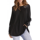 Sequined Detail Long Sleeve Patchwork Design Round Neck Loose Spring Tee Top