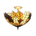 Tiffany-Style 2 Light Semi Flush Mount with Leaf Pattern Colorful Glass Shade, 16-Inch Wide