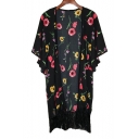 New Trendy Floral Printed Collarless Short Sleeve Kimono with Tassel