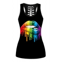 Colorful Lip Printed Round Neck Sleeveless Hollow Out Back Tank