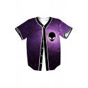 Alien Galaxy Printed Short Sleeve Buttons Down Baseball Tee