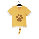 Cat Pattern Printed Tail Embellished Short Sleeve Hooded Tee