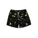 Black Geometric Pattern Short Drawcord Swim Trunks with Hook and Loop Pockets