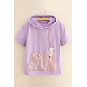 Color Block Striped Printed Pocket Rabbit Embroidered Short Sleeve Hooded Tee