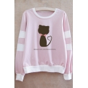 BEAUTY IS NOT A NEED Letter Cat Contrast Striped Printed Round Neck Long Sleeve Sweatshirt
