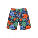 Elastic Men's Quick Drying Navy Blue Floral Pattern Swimming Shorts Trunks without Mesh Liner