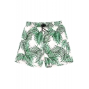 Classic Fast Dry Men's White Leaf Plant Swim Trunks with Drawcord and Mesh Liner