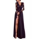 V-Neck Cutout Long Sleeves Gathered Waist High Split Side Lace Plain Maxi Dress