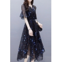 Star Printed V Neck Short Sleeve Midi Asymmetric Chiffon Dress