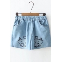 Foxes Embroidered Elasticated Waist Denim Shorts with Double Pockets