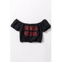 FIRE WALK Letter Embroidered Off The Shoulder Short Sleeve Crop Tee