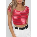Buttons Down Round Neck Short Sleeve Striped Printed Crop Tee