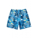 Designer Blue Coral Fish Pattern Swimming Shorts for Men with Drawstring and Pockets