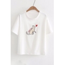 LOVELY CAT Cat Butterfly Embroidered Round Neck Short Sleeve Tee