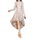 Sequined Embellished Round Neck Long Sleeve Midi Asymmetric Hem Dress