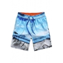 Unique Big Mens Blue Sea Boat Printed Beachwear Swimming Shorts without Lining with Pockets