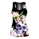 Skull Floral Printed Hollow Out Back Sleeveless Tank