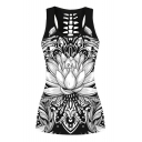 3D Floral Printed Hollow Out Back Slim Sleeveless Tank