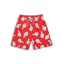 Mens Red Plus Size Cartoon Hand Pattern Bathing Shorts with Mesh Lining Pockets