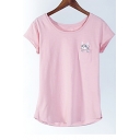 Cat Embroidered Pocket Round Neck Short Sleeve Tee