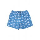Blue Short Summer Crab Pattern Swimming Trunks for Guy without Liner with Drain Hole